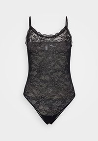 Bodysuit en dentelle noire avec bretelles spaghetti ajustables, présentant des motifs floraux élaborés et une texture de tissu lisse.