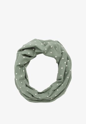 Fular de gât din material verde deschis cu buline albe, aranjat într-un cerc pe un fundal alb.