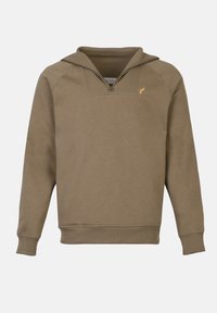 Brązowy sweter z kołnierzem na pół zamek. Lekko teksturowana tkanina z prążkowanymi mankietami i dołem. Posiada małe żółte logo na klatce piersiowej.