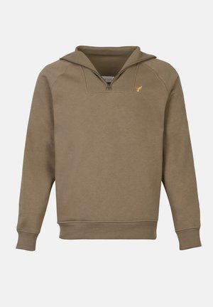 Hanorac maro cu guler tip half-zip. Material ușor texturat, cu manșete și tiv cu nervuri. Prezintă un mic logo galben pe piept.