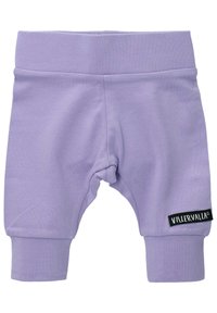 Liliowe bawełniane spodnie dla dzieci z elastycznym paskiem w talii, ściągaczami u dołu i czarną metką z nazwą marki "VILLERVALLA" z boku.