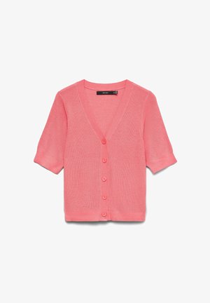 Lyserød kortærmet strikket cardigan med V-hals, fem matchende knapper og ribbede manchetter og kant.