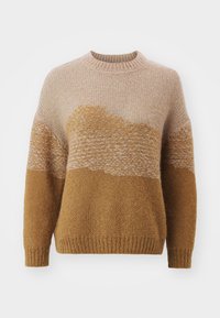 Stickad tröja med rund halsringning, färgblockdesign i ljusrosa, beige och senapsgult, texturerade mönster och ribbade muddar.