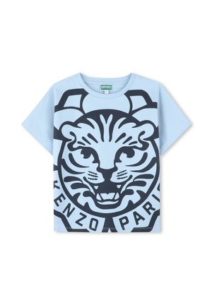 Lichtblauwe T-shirt met korte mouwen, voorzien van een grote zwarte tijgerafbeelding en de tekst "KENZO PARIS" in een cirkelontwerp aan de onderkant.