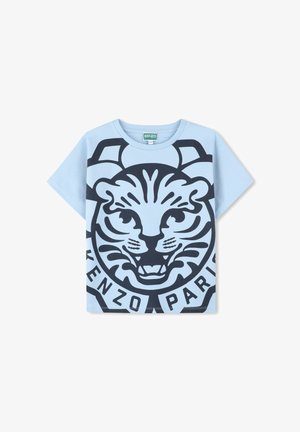 T-shirt bleu clair à manches courtes avec un grand graphique de tigre noir et le texte "KENZO PARIS" dans un design circulaire en bas.