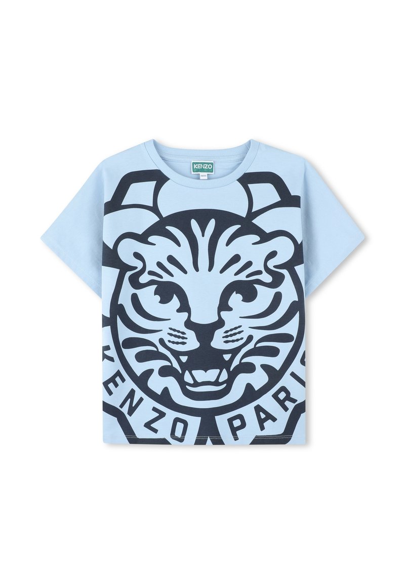 T-shirt bleu clair à manches courtes avec un grand graphique de tigre noir et le texte "KENZO PARIS" dans un design circulaire en bas.