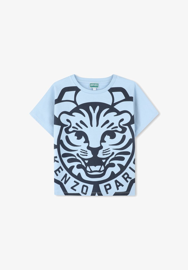 T-shirt bleu clair à manches courtes avec un grand graphique de tigre noir et le texte "KENZO PARIS" dans un design circulaire en bas.