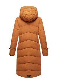 Long, puffy coat in orange with a chevron pattern, a detachable hood, and adjustable cuffs. Features brand label at the hem.