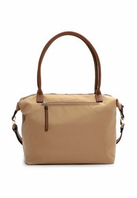 Borsa a tracolla beige in nylon con dettagli in pelle marrone, manici doppi e chiusura zip sulla parte superiore. Presenta una tasca frontale con una zip decorativa.