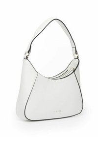 Sac à épaule en cuir blanc avec une forme incurvée, contours noirs et un dessus zippé. Il dispose d'une seule sangle ajustable et de détails en métal doré.