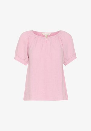 Rosa linblus med korta puffärmar, rundad halsringning, rynkdetaljer och en knappöppning framtill. Slät, lätt textur.