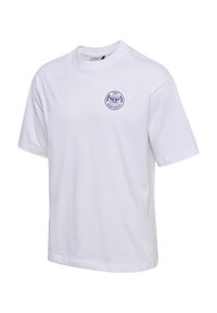 White cotton t-shirt with a round neckline and short sleeves, featuring a navy blue embroidered circular logo on the left chest.