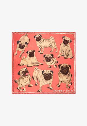 Seidentuch mit acht illustrierten Möpsen auf einem korallenfarbenen Hintergrund und einem weißen Rand. Die Möpse sind in verschiedenen Posen und Ausdrucksformen dargestellt.