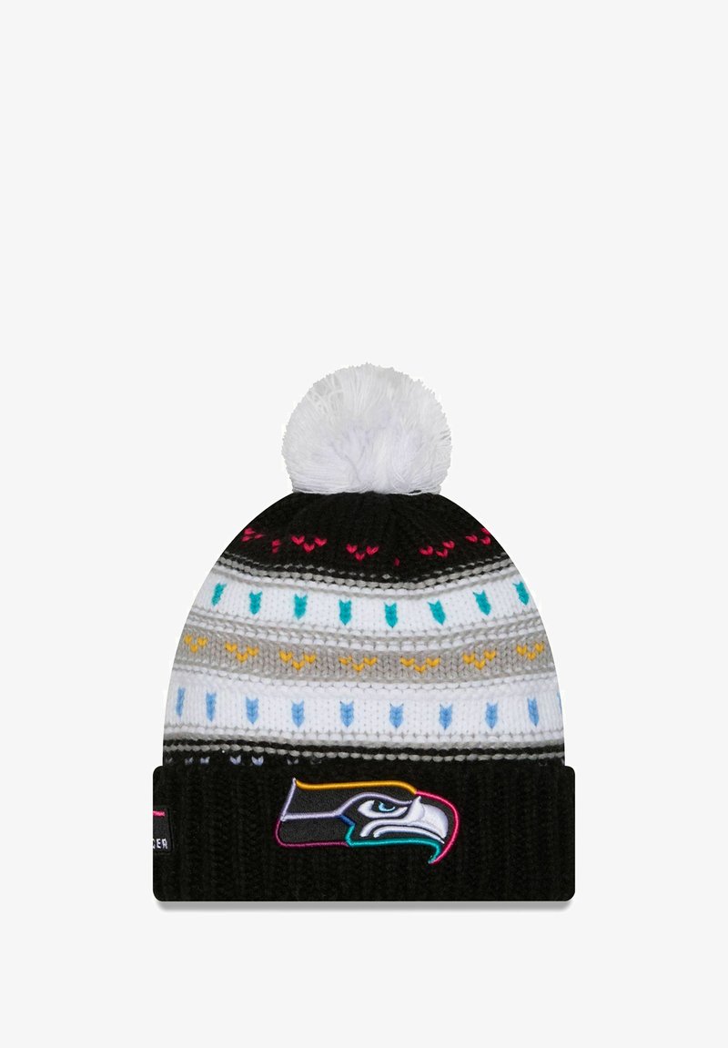 Berretto a maglia in nero, grigio e bianco con motivi geometrici colorati. Presenta un pom-pom bianco e un logo ricamato sul risvolto.