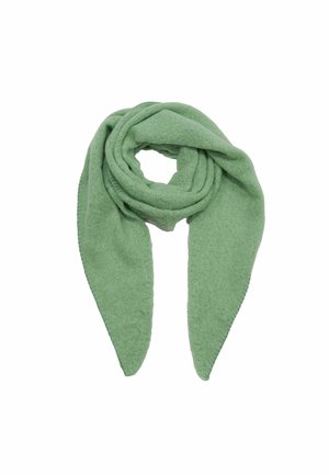 Green scarf made of soft fabric, featuring a textured finish and a long, pointed design. Doubled over with a loop at the center.