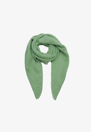 Green, soft wool scarf with a lightweight, textured finish. Features an elongated, triangular shape and is wrapped in a loose coil.