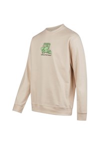 Beige sweatshirt with long sleeves, featuring a graphic in green that reads “Embrace the Timeout.” Soft fabric and casual design.