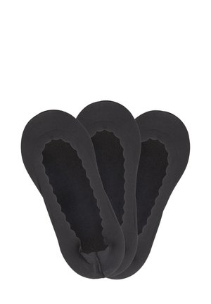 Schwarze, unsichtbare Socken mit einem gewellten Rand und einer glatten Textur. Drei Paare überlappt angeordnet, die eine einheitliche Farbe und ein gleichmäßiges Design zeigen.