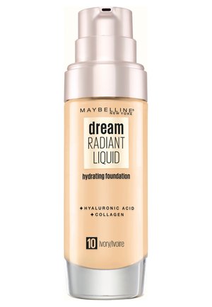 Maybelline Dream Radiant Liquid hydraterende foundationfles met pompje, tint 10 Ivory, bevat hyaluronzuur en collageen.