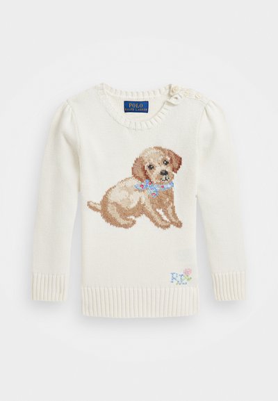 Suéter de punto blanco con un diseño bordado de un perrito marrón con una bufanda azul. Incluye puños y dobladillo acanalados, y un detalle de botón en un hombro.