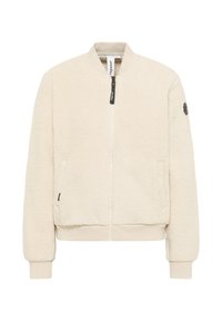 Fleece jacket in cream with a zip front, round collar, elastic cuffs, two side pockets, and a black logo patch on the sleeve.