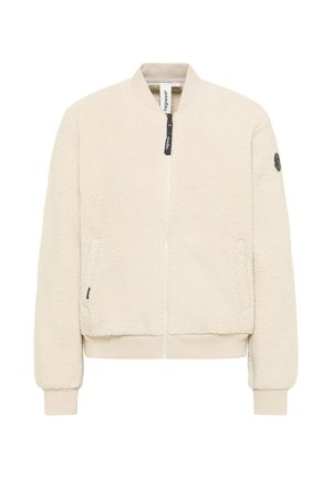 Fleecejack in crème met een ritssluiting aan de voorkant, een ronde kraag, elastische manchetten, twee zijzakken en een zwart logo-embleem op de mouw.