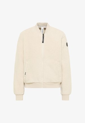 Fleecejack in crème met een ritssluiting aan de voorkant, een ronde kraag, elastische manchetten, twee zijzakken en een zwart logo-embleem op de mouw.