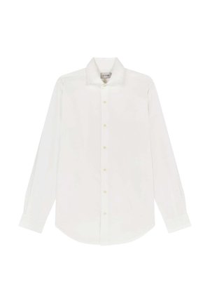 Witte langarmshirt van katoen met een klassieke kraag, knoopsluiting en ronde zoom. Subtiele textuur met gele knopen.