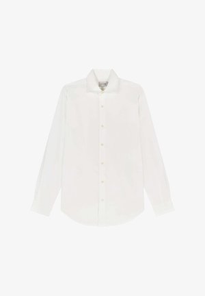 Witte langarmshirt van katoen met een klassieke kraag, knoopsluiting en ronde zoom. Subtiele textuur met gele knopen.