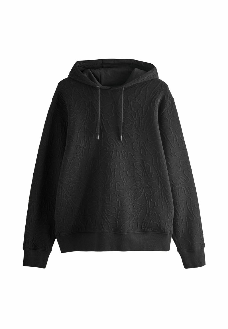 Zwarte hoodie met een opvallend, reliëfpatroon, voorop een kangoeroezak, verstelbare trekkoorden en ribgebreide manchetten en onderrand.