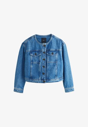 Zila džinsa jaka ar apaļu kakla izgriezumu, aizdares priekšpusē ar pogām, divām pogām apsegtiem krūšu kabatām un garām piedurknēm.