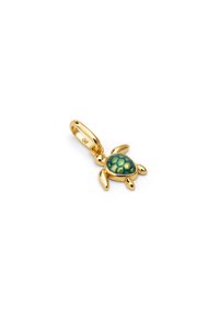 Encanto de tortuga dorada con un caparazón verde y un patrón geométrico, patas pequeñas y un lazo para sujeción. Textura suave y acabado pulido.