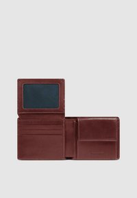 Brown leather wallet with multiple card slots, a clear ID pocket, and a side pocket. Smooth texture and minimalist design.