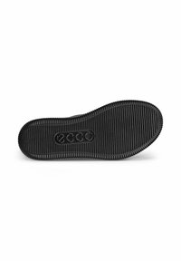 Suola di scarpa in gomma nera con texture rigata, dotata di un logo circolare e marcature di dimensione. Bordo liscio e design della superficie flessibile.