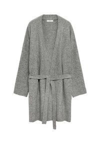 Cardigan grigio a maglia con vita arricciata, apertura frontale e maniche lunghe. Texture morbida, polsini a coste e senza chiusure visibili.