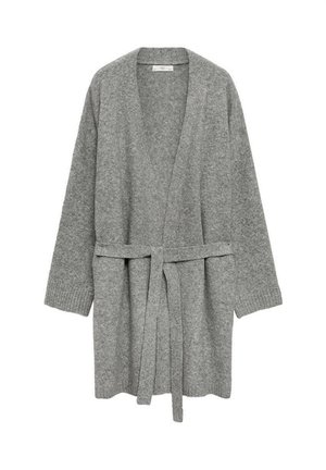 Gray, knitted cardigan with a belted waist, open front, and long sleeves. Soft texture, ribbed cuffs, and no visible fasteners.