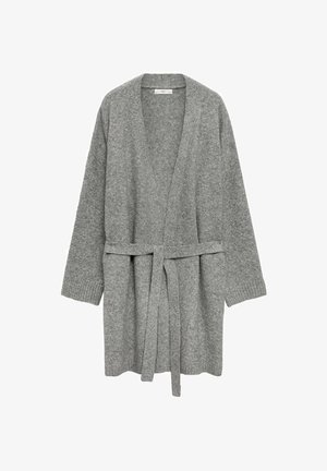 Gray, knitted cardigan with a belted waist, open front, and long sleeves. Soft texture, ribbed cuffs, and no visible fasteners.