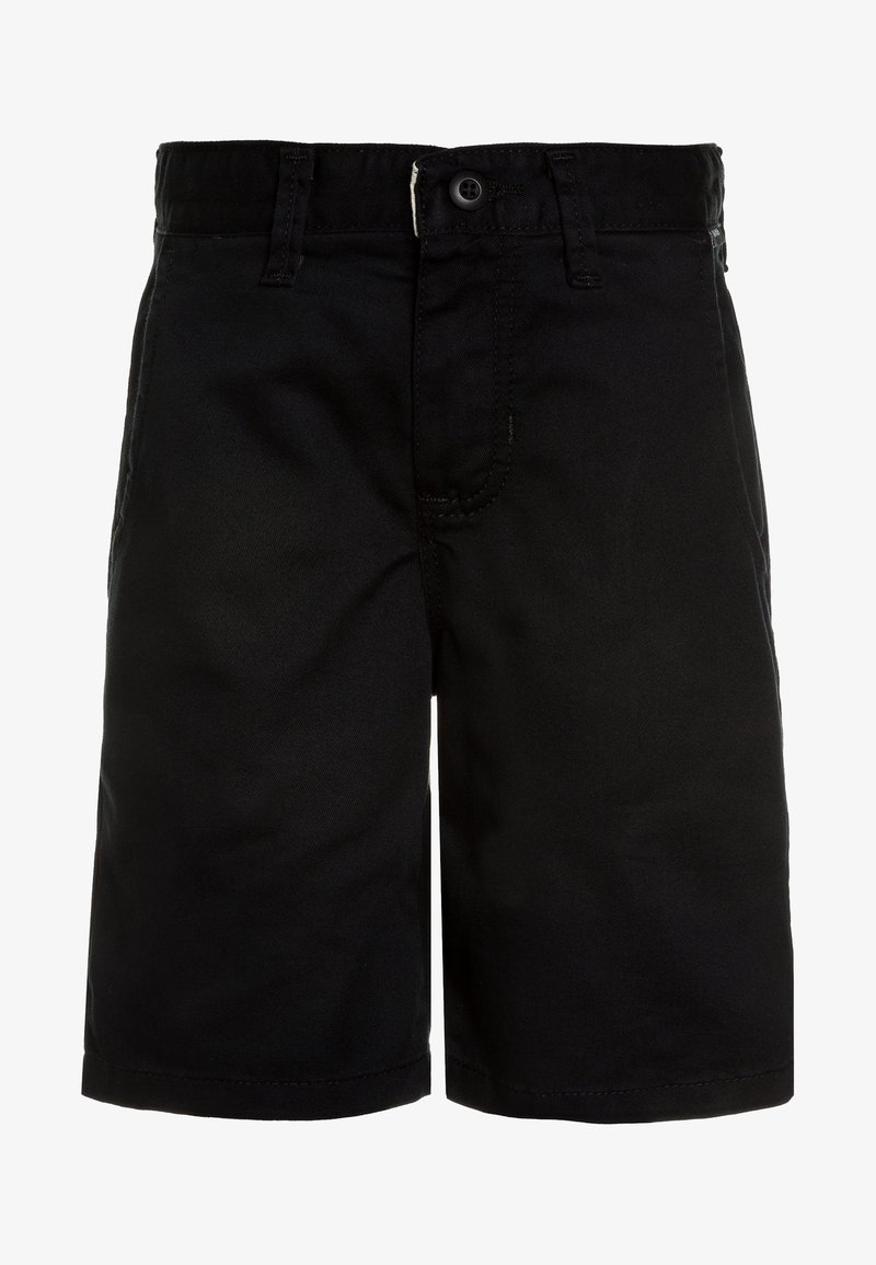 Shorts noirs en coton avec une texture lisse. Présentent une fermeture à bouton, des passants de ceinture et des poches latérales fonctionnelles. Conception à l'avant plat.