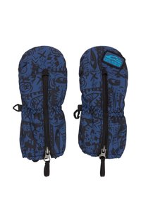 Niebieskie rękawiczki w desenie, o miękkiej fakturze, z zamkiem błyskawicznym i elastycznymi mankietami dla idealnego dopasowania. Akcentowane metką z logo.