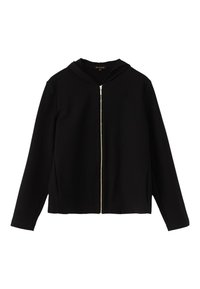 Zwarte zip-up hoodie gemaakt van zachte, rekbare stof met een ritssluiting aan de voorkant en een getailleerd ontwerp. Beschikt over een capuchon en lange mouwen.