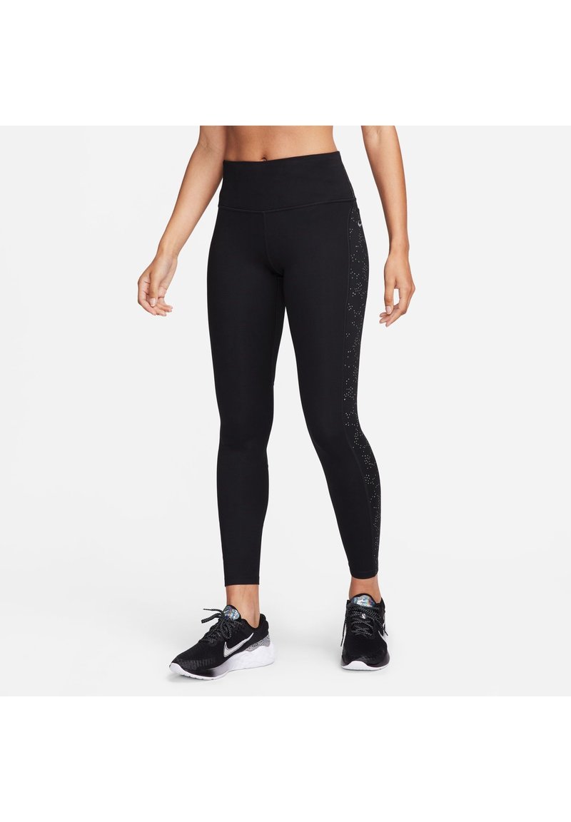 Czarne legginsy sportowe z wysokim stanem, z teksturowanym panelem bocznym ozdobionym małymi, odblaskowymi kropkami.