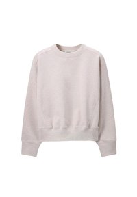 Sweatshirt beige clair en tissu texturé. Présente un col rond, des manches longues et un ourlet court avec des poignets et une ceinture côtelés.