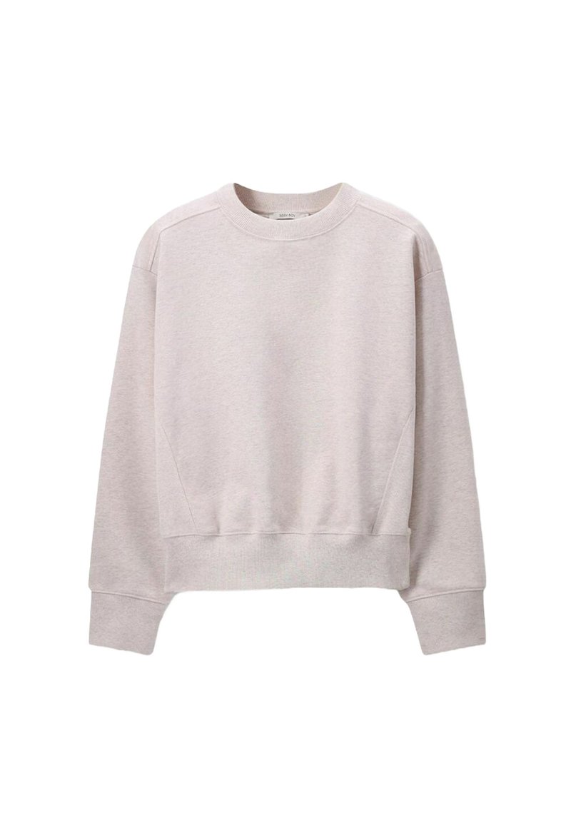 Sweatshirt beige clair en tissu texturé. Présente un col rond, des manches longues et un ourlet court avec des poignets et une ceinture côtelés.