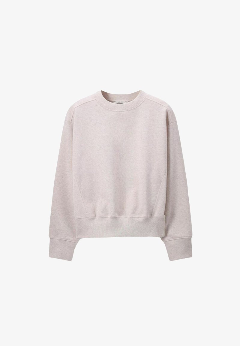 Sweatshirt beige clair en tissu texturé. Présente un col rond, des manches longues et un ourlet court avec des poignets et une ceinture côtelés.
