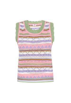Bez rękawów top z dzianiny z falbaniastym zielonym dekoltem, wielokolorowymi wzorami geometrycznymi w odcieniach różu, lawendy, żółci i bieli.