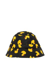 Bucket hat made of black fabric featuring repeated yellow rubber duck patterns with red accents. Soft texture and wide brim.