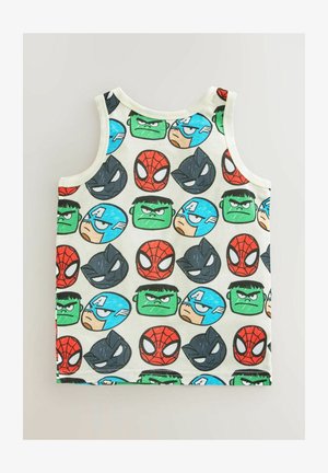 Bílý tílko s barevnými kreslenými obličeji superhrdinů, včetně Spider-Mana, Hulka a Captaina Ameriky, v opakujícím se vzoru. Materiál ze směsi bavlny.