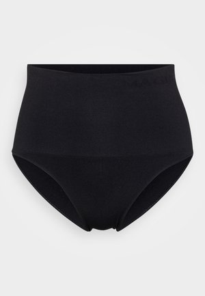 High-waisted black brief made of smooth, stretchy fabric. Features a wide waistband and seamless edges for comfort and support.