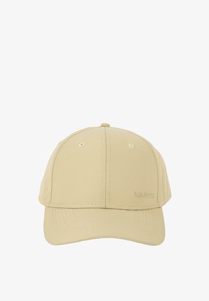 Gorra beige con corona estructurada, visera curvada y costuras tonales; presenta un logotipo en relieve en el lado izquierdo. Fabricada con un tejido suave.
