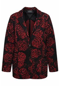 Černý blejzr s vzorem červených růží, který se vyznačuje strukturovaným designem, klopovým límečkem, dvěma knoflíky a texturovanou tkaninou.
